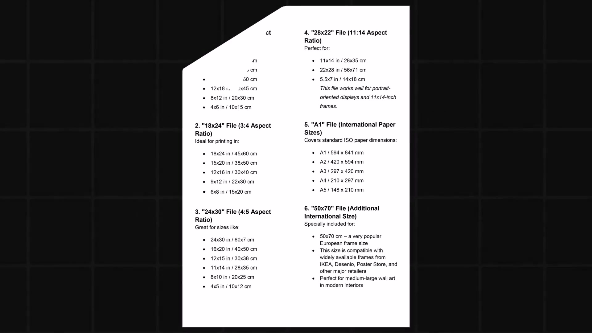 Etsy size list template showing all compatible print dimensions