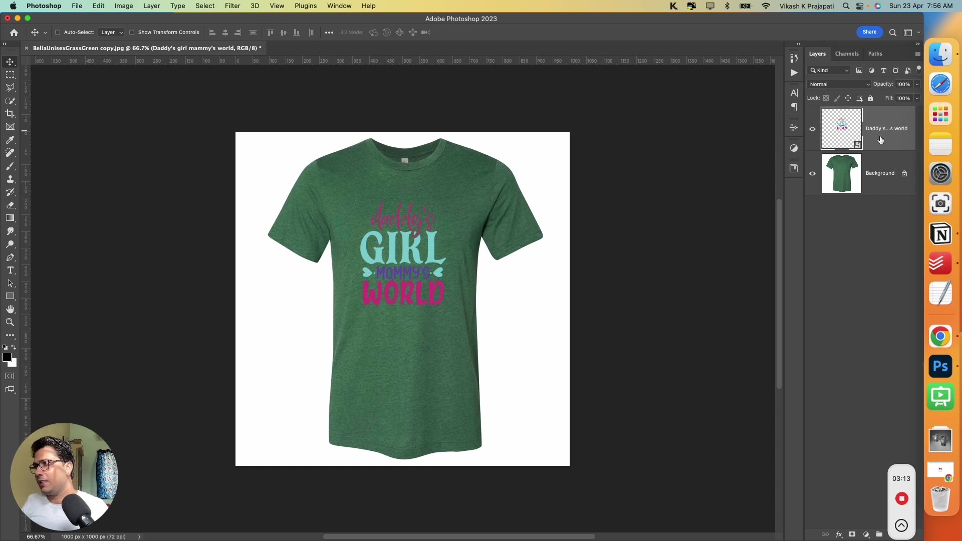 Photoshop canvas with t-shirt mockup and design applied, Layers panel visible
