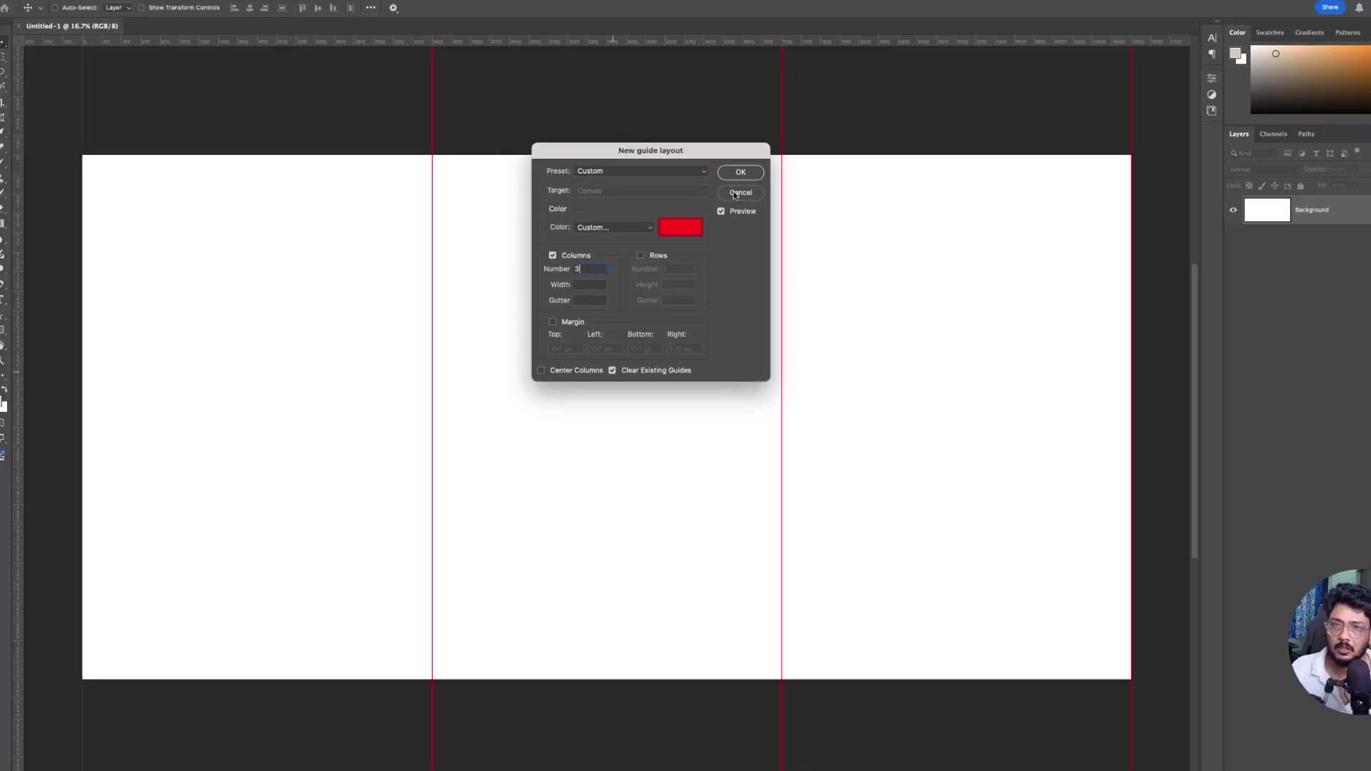 Adobe Photoshop canvas divided by two red vertical guides into three sections (New Guide Layout applied); toolbar shows Rectangular Marquee Tool ready for selection snapping to guides; Layers panel visible on right.