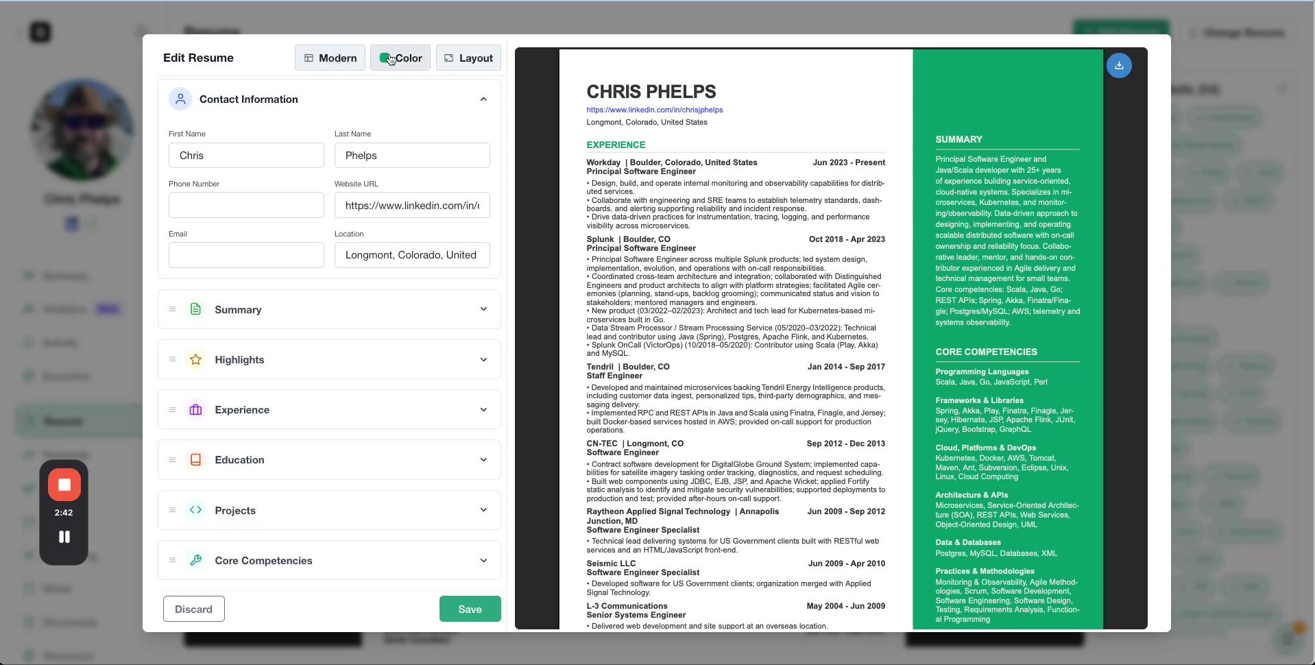 Color tab selected in resume editor with palette picker showing editing sections and updated resume preview