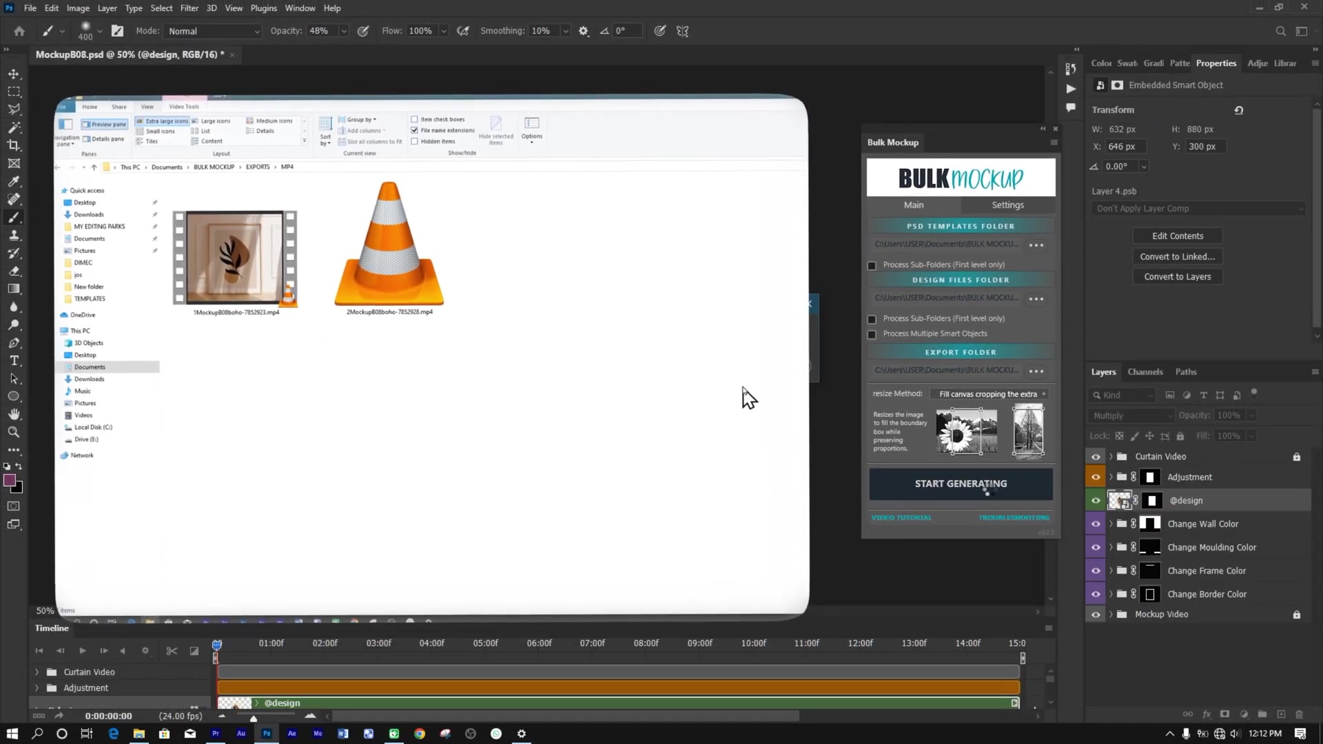 File explorer in Exports folder showing generated MP4 video mockups (e.g., '1MockupB08boho-7852923.mp4'). Adjacent Bulk Mockup main screen and Photoshop layers/timeline visible.