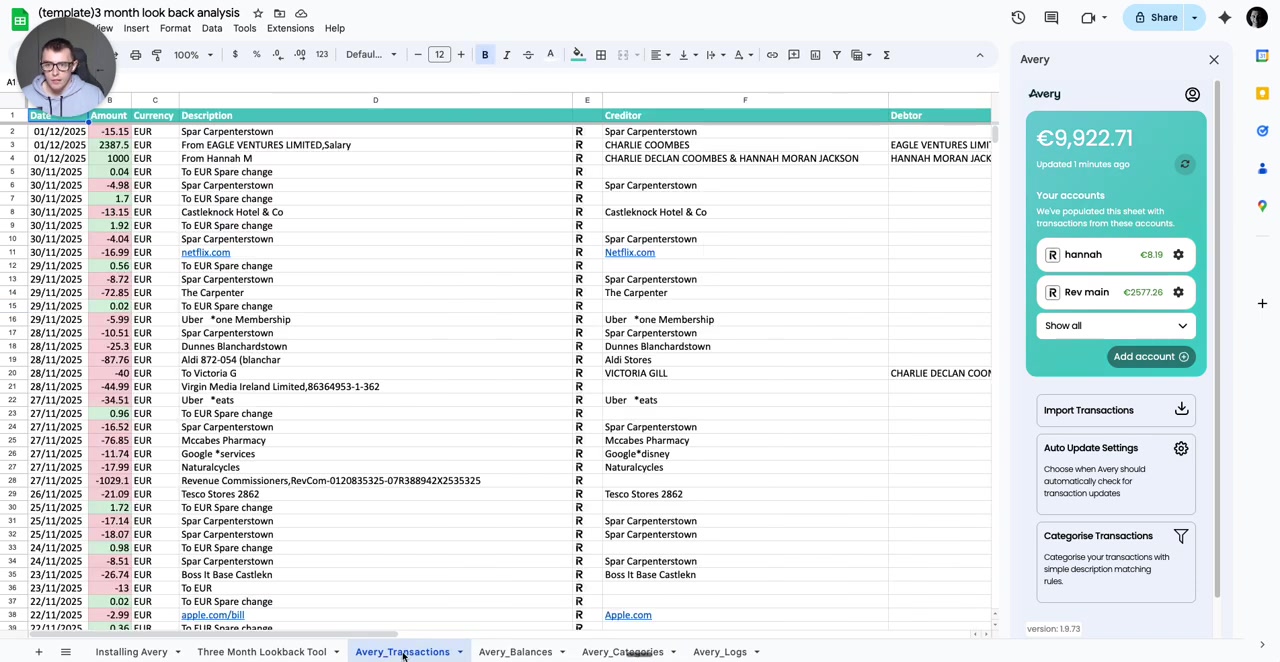 'Avery_Transactions' sheet table with columns (Amount, Description, Creditor, etc.) showing imported transactions (e.g., Spar, Netflix); Avery sidebar with accounts.