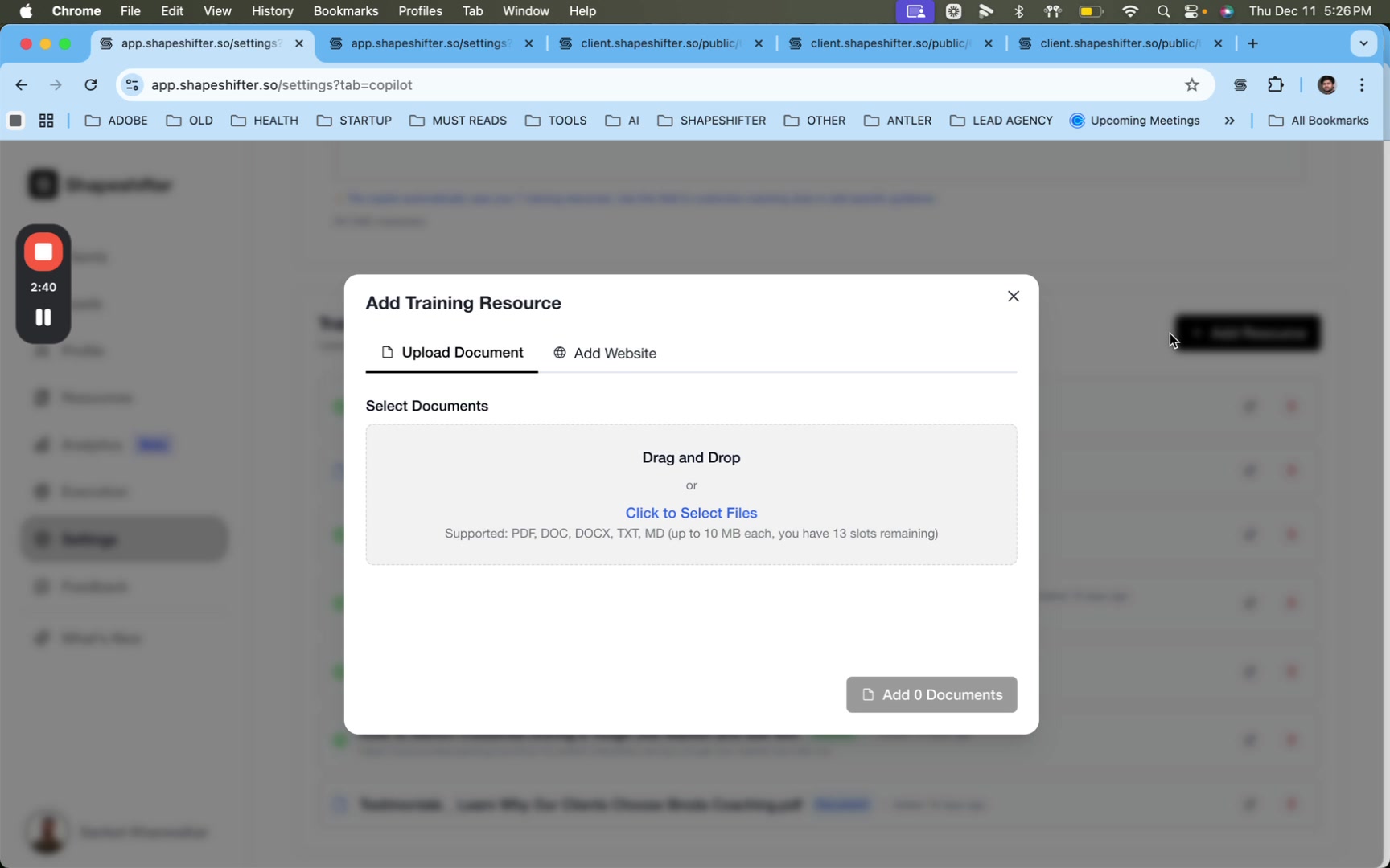 Add Training Resource modal showing the Upload Documents tab with drag-and-drop area