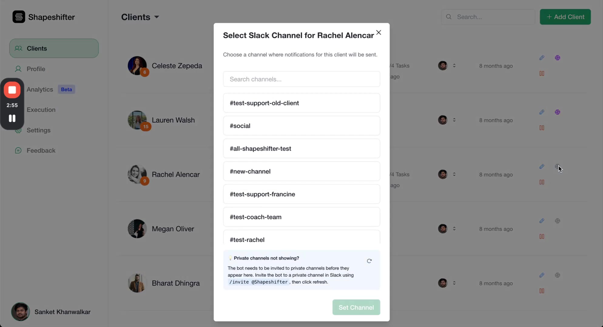 Select Slack Channel for Rachel Alencar modal with search bar and list of channels, highlighting test-rachel