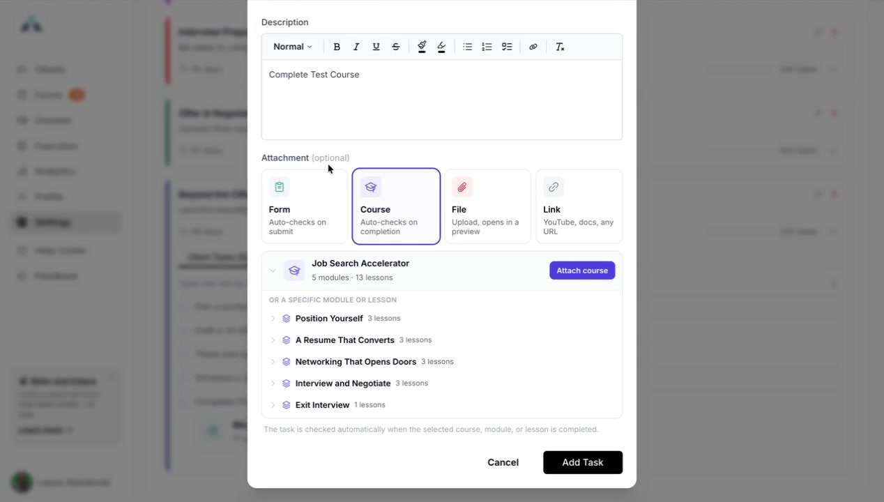 Add Task modal with Course selected and courses to attach