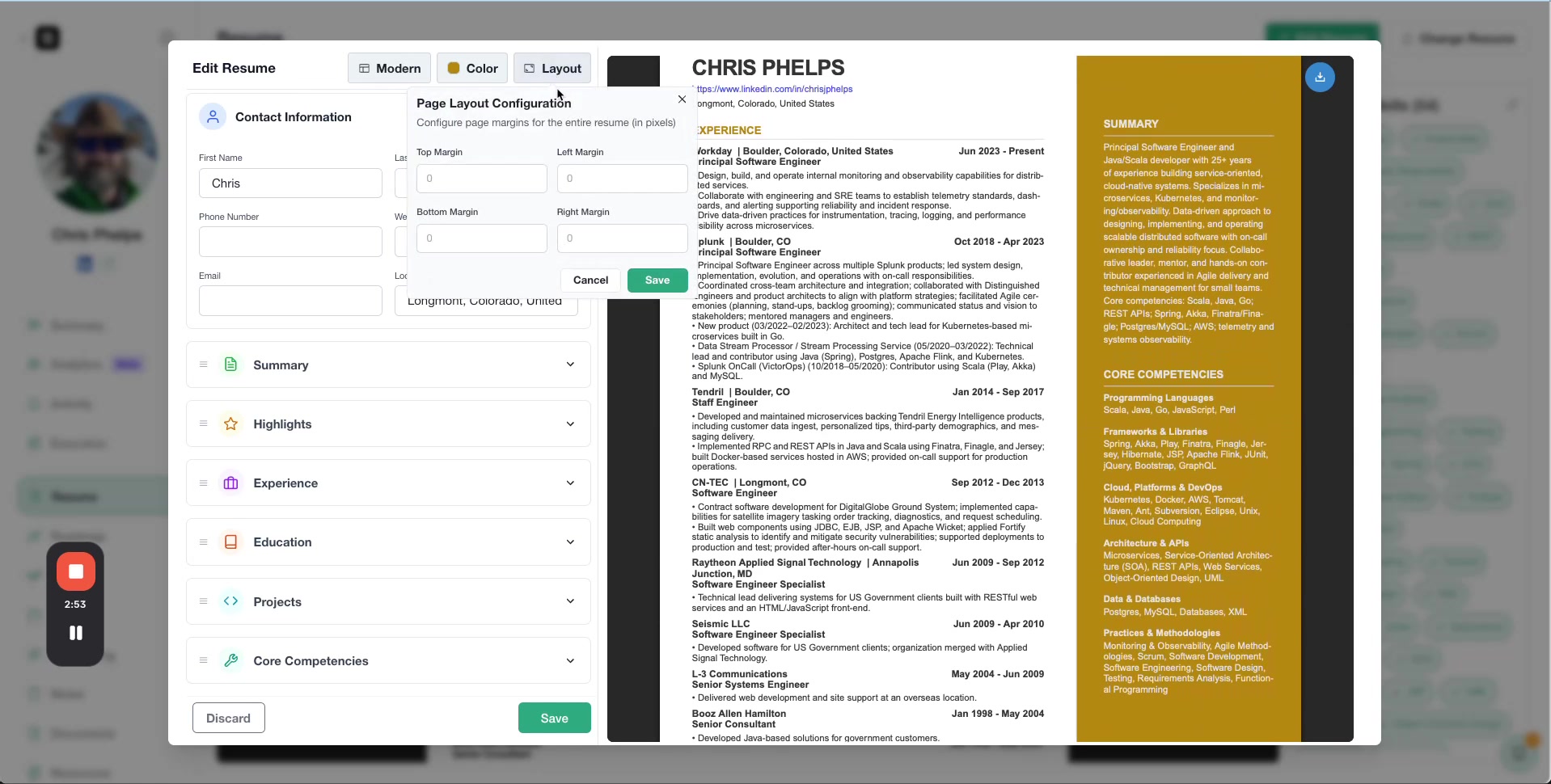 Layout tab with margin inputs for Top, Left, Bottom, Right with resume sections like Contact Information, Summary, Experience visible