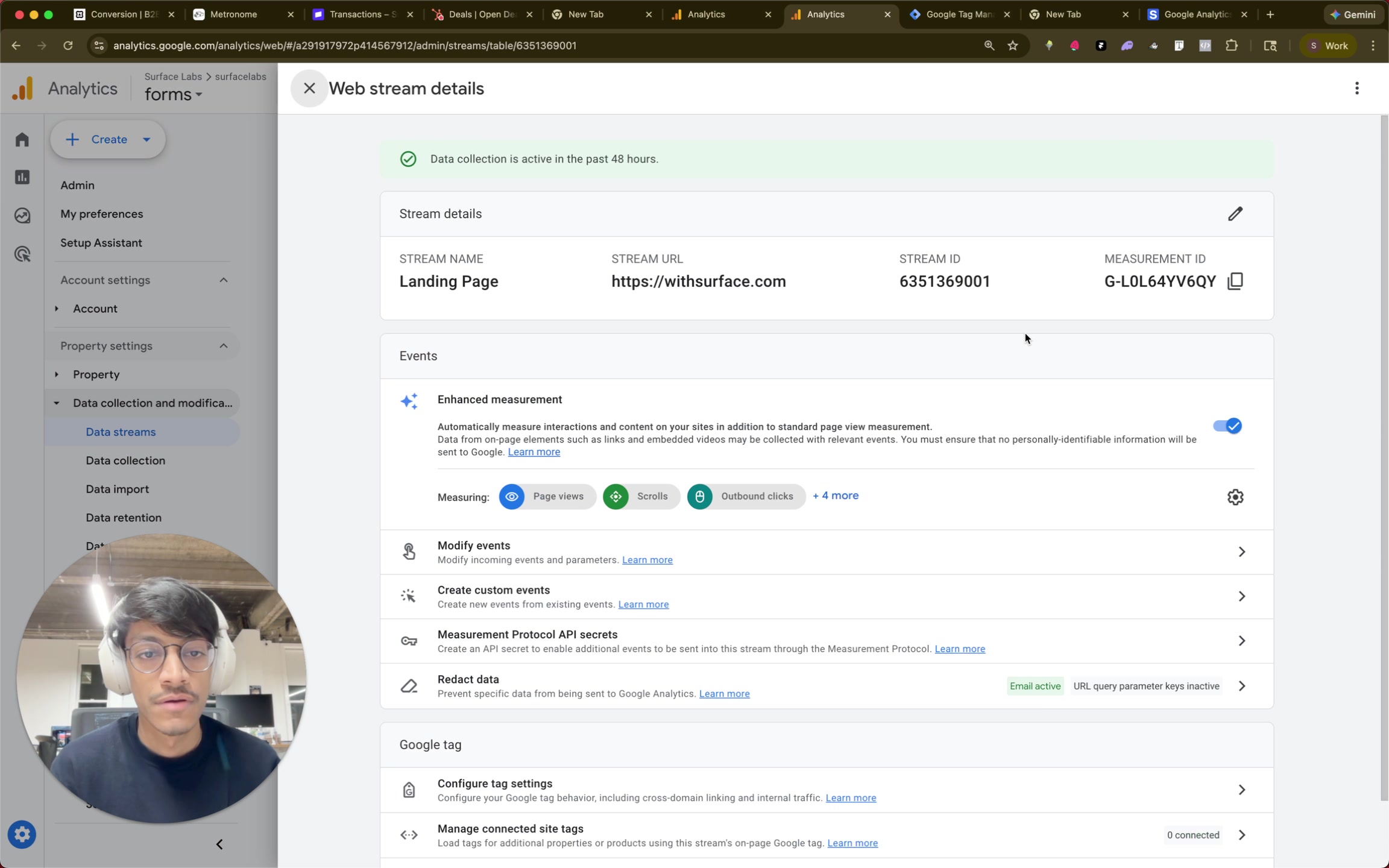 Google Analytics web stream details page showing Measurement ID G-L0L64YV6QY highlighted
