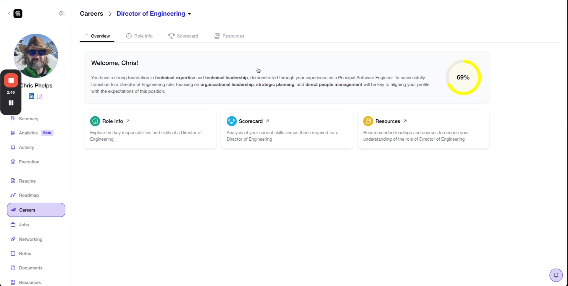 Director of Engineering career profile showing 69% compatibility score with overview cards for Role Info, Scorecard, and Resources
