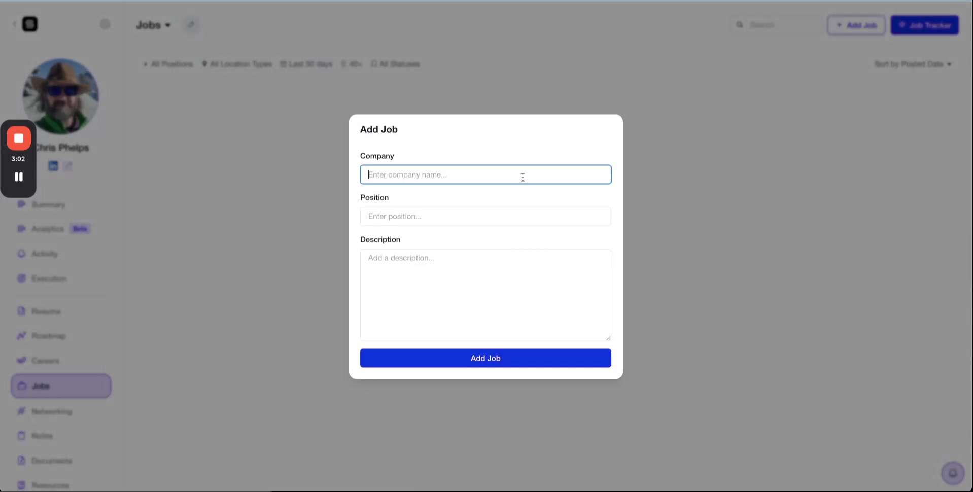 'Add Job' form with input fields for 'Company', 'Position', and 'Description', and an 'Add Job' button (for internal/unposted jobs).