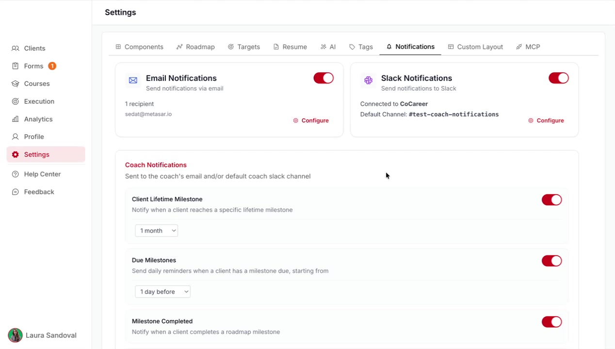 Coach Notifications toggles including milestones and job stage alerts