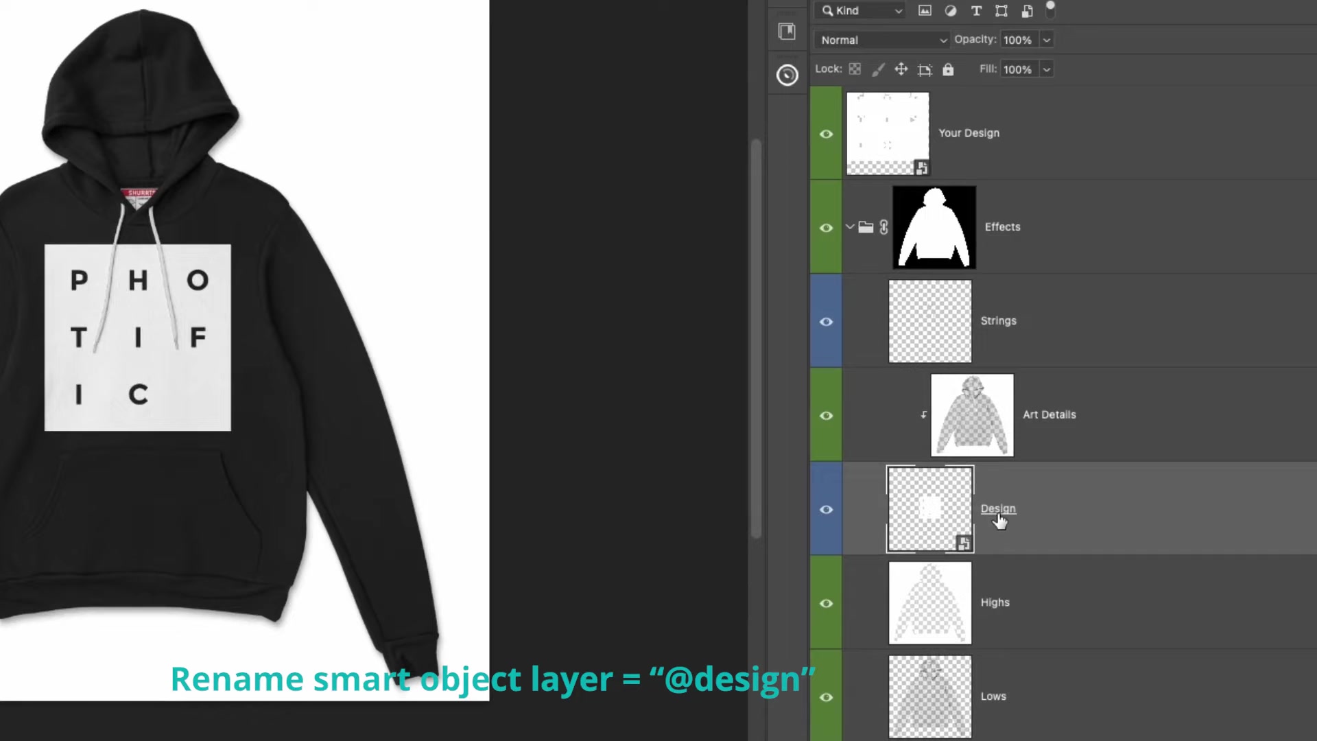 Photoshop Layers panel highlighting Design smart object layer during rename to @design
