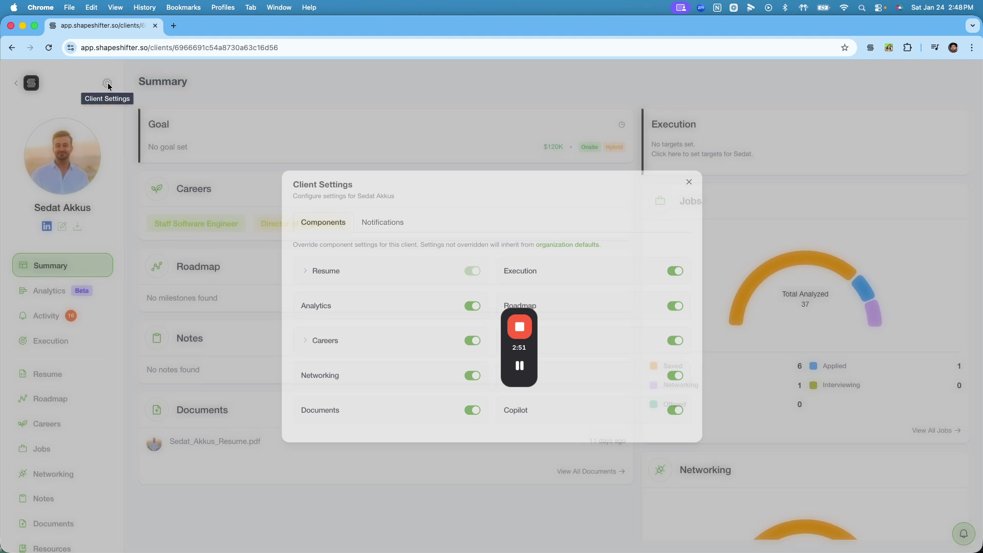 Client Settings modal with Components tab and toggles for Resume, Analytics, Careers, Copilot.