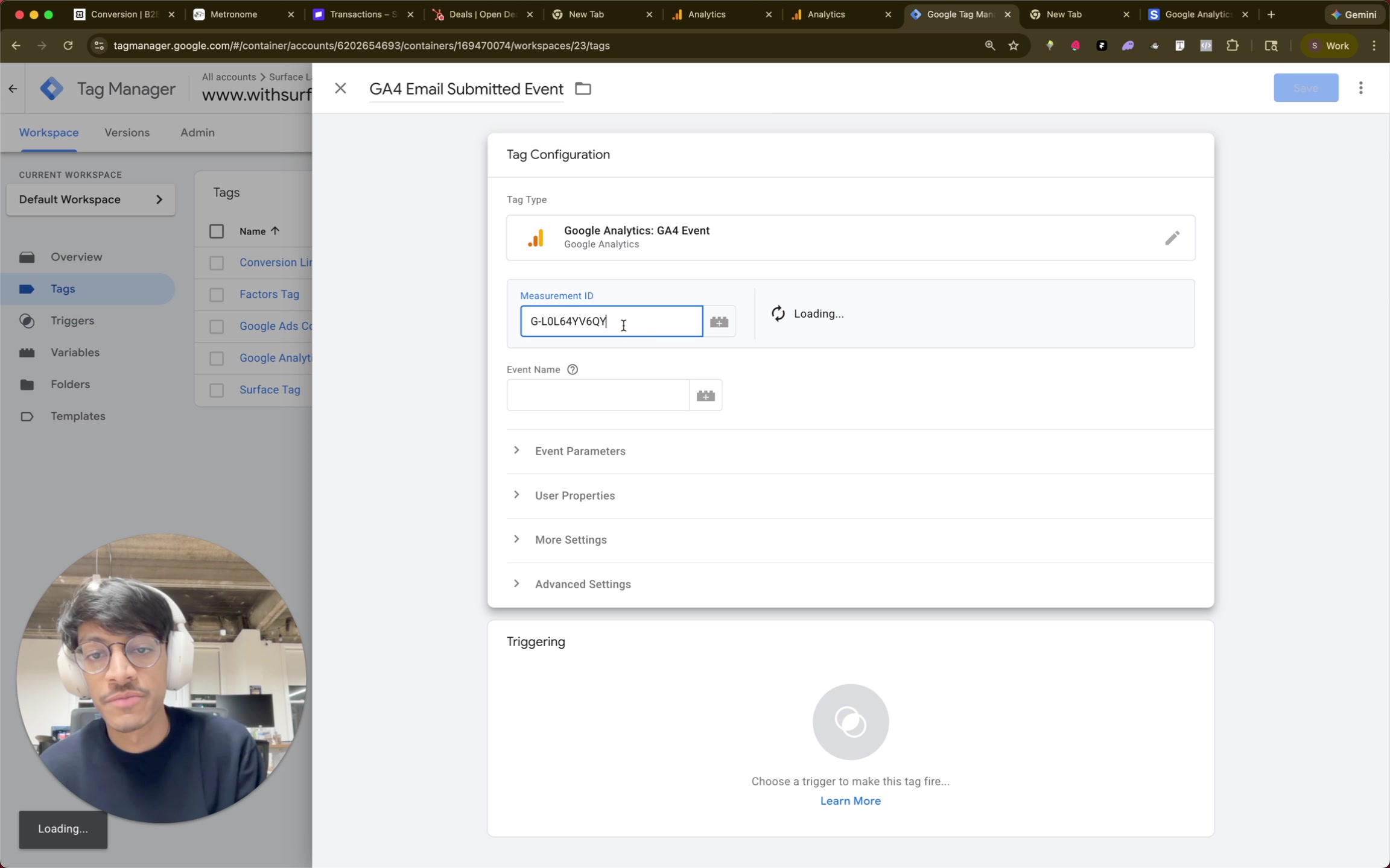 Google Tag Manager GA4 tag configuration showing Measurement ID field and Event Name field