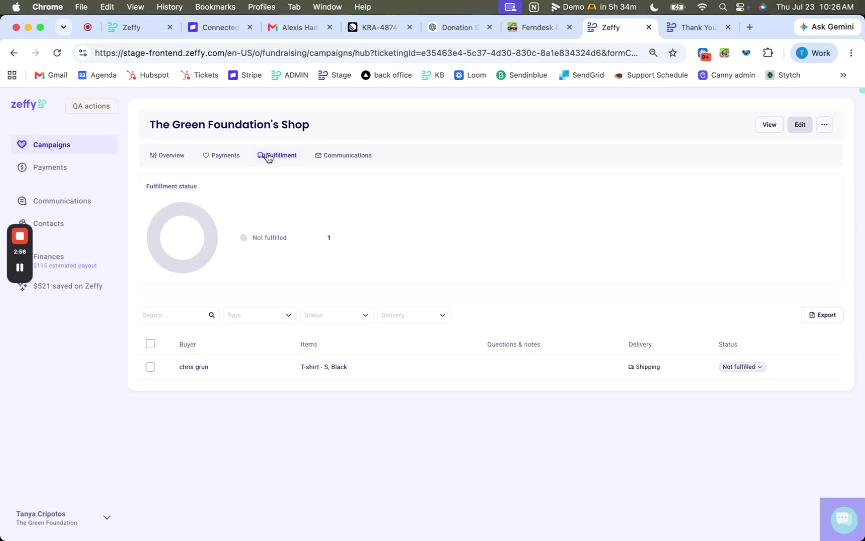 Fulfillments tab with order list and fulfillment status overview