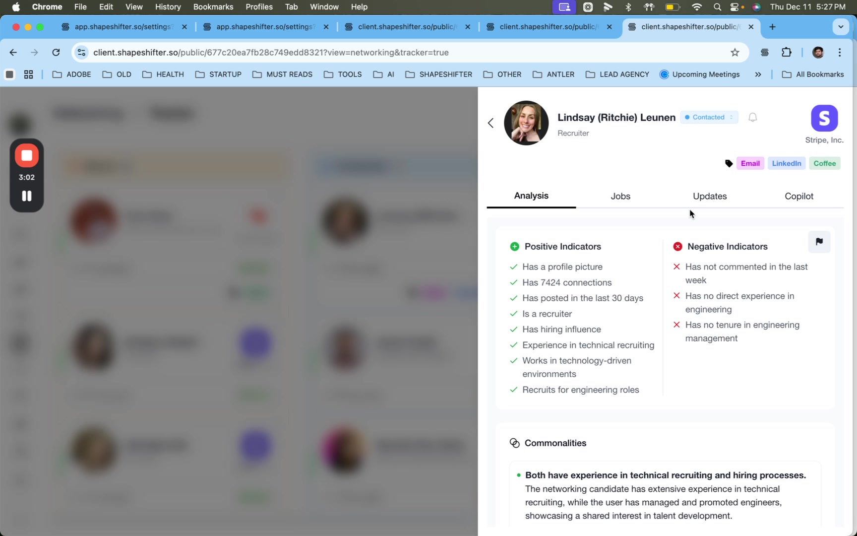 Networking contact profile showing positive and negative indicators for Lindsay Leunen, a recruiter at Stripe