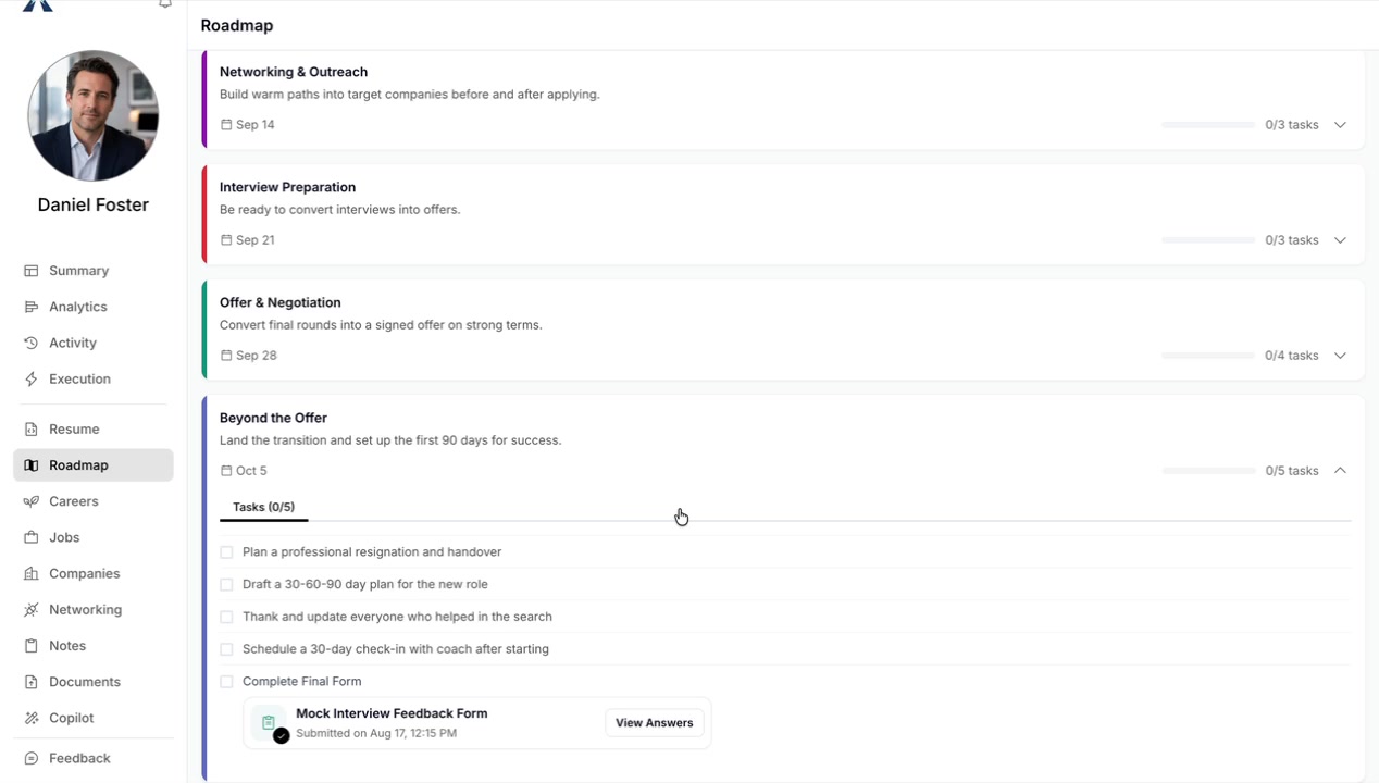 The roadmap task marked as completed with a view answers button