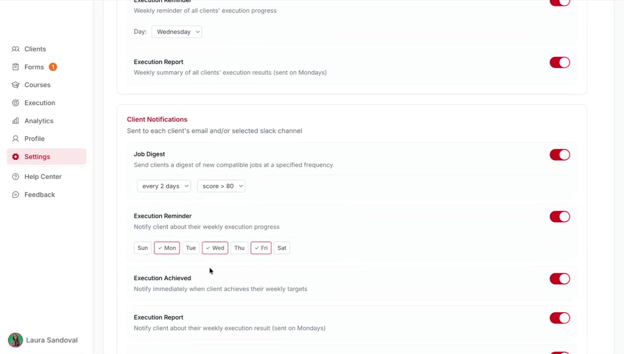 Client Notifications toggles including Job Digest and Execution Reminder