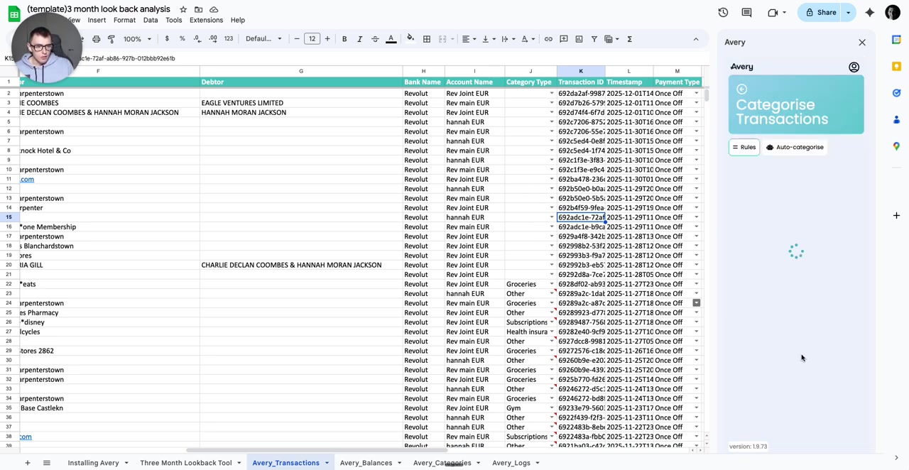 Avery sidebar 'Categorise Transactions' with 'Auto-categorise' selected and 'Run AI Auto-cat' button; transactions sheet visible with Category Type column.