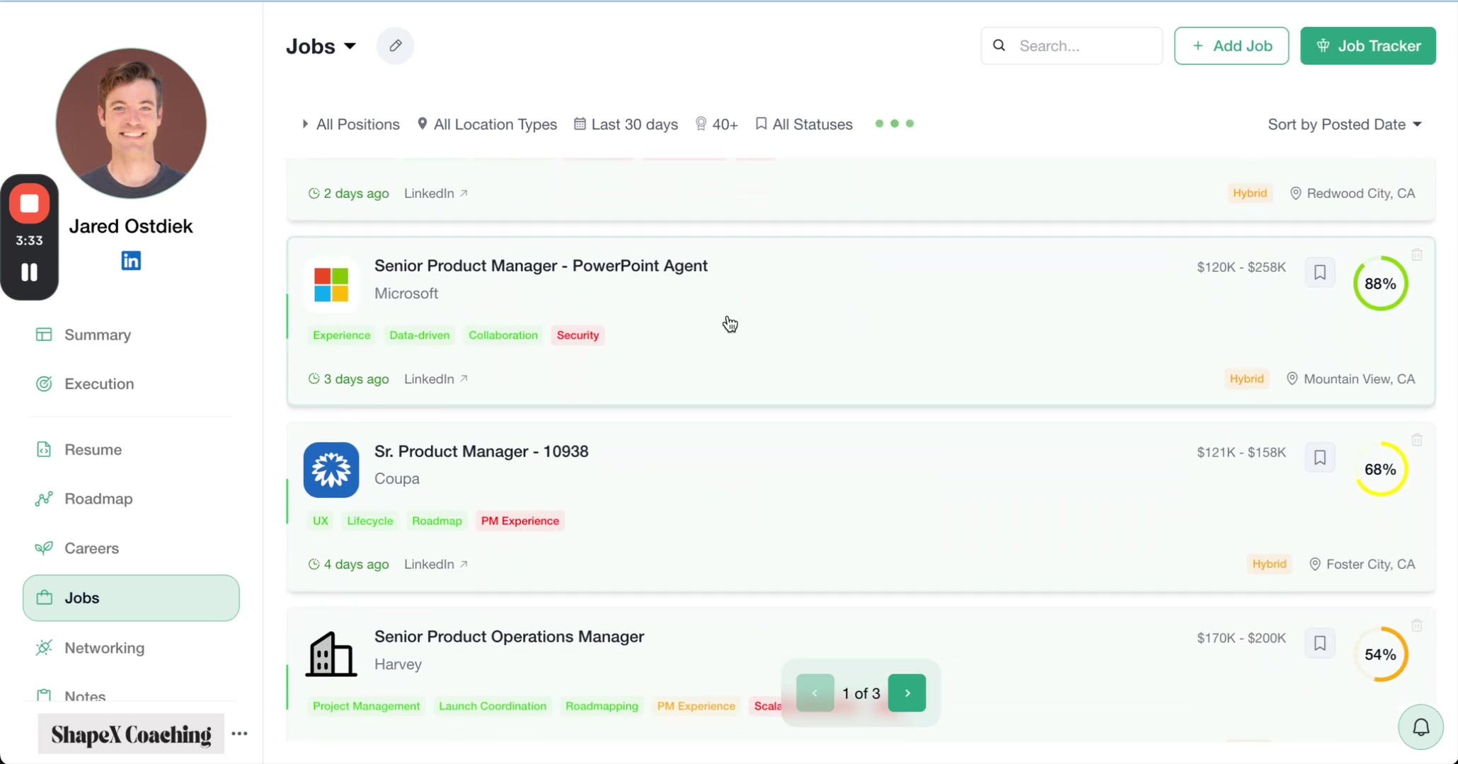 A detailed job view for 'Senior Product Manager - PowerPoint Agent' at Microsoft is open. The 'Analysis' tab is active, showing an 88% compatibility score, a summary of the role, and lists of 'Required Qualifications' and 'Preferred Qualifications' with checkmarks indicating met criteria.