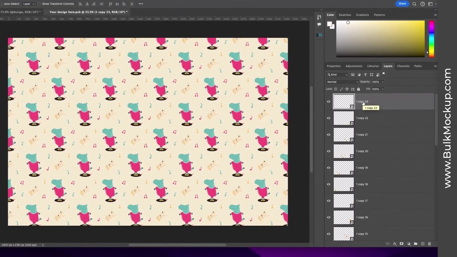 Adobe Photoshop Layers panel highlighting a duplicated smart object layer (one of many 'copy' layers tiling a hippo pattern) being renamed to '@nested'. Canvas shows repeated pattern filling the space.