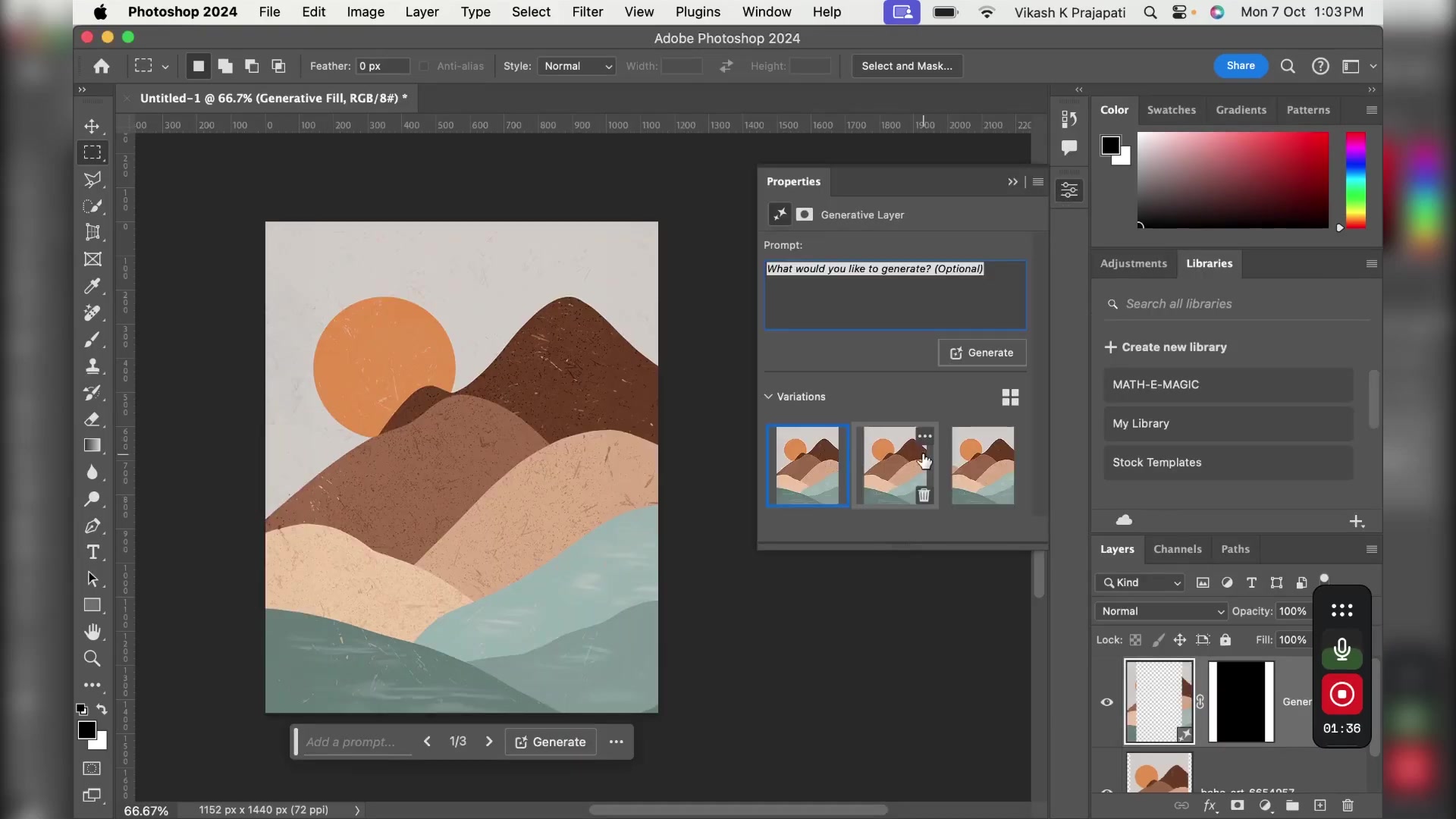Photoshop Properties panel for Generative Fill on abstract mountains artwork: 'What would you like to generate? (Optional)' prompt box; three Variations thumbnails below for selecting AI-generated fills; tabs for Color/Adjustments/Libraries; canvas zoom at 66.67%.