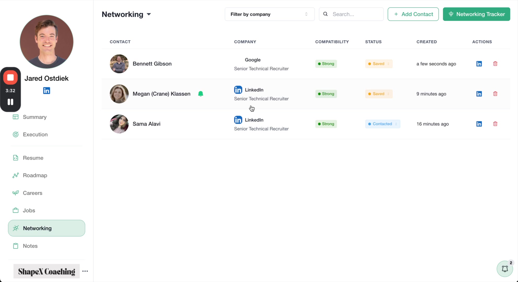 Networking contacts list showing cards with profile photos, companies, compatibility scores, and status