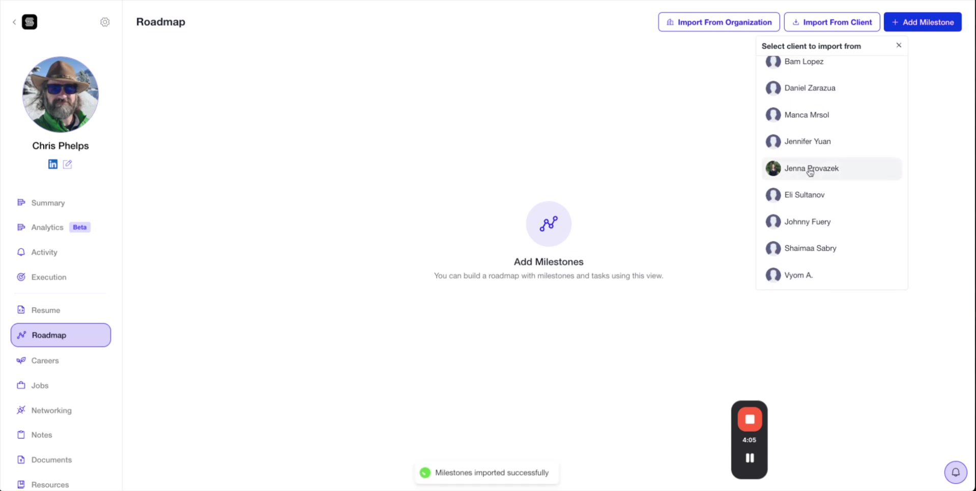 Roadmap successfully imported from another client showing multiple milestones