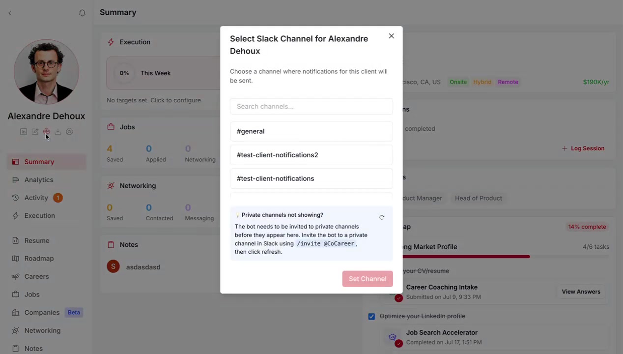 Select Slack Channel modal for an individual client