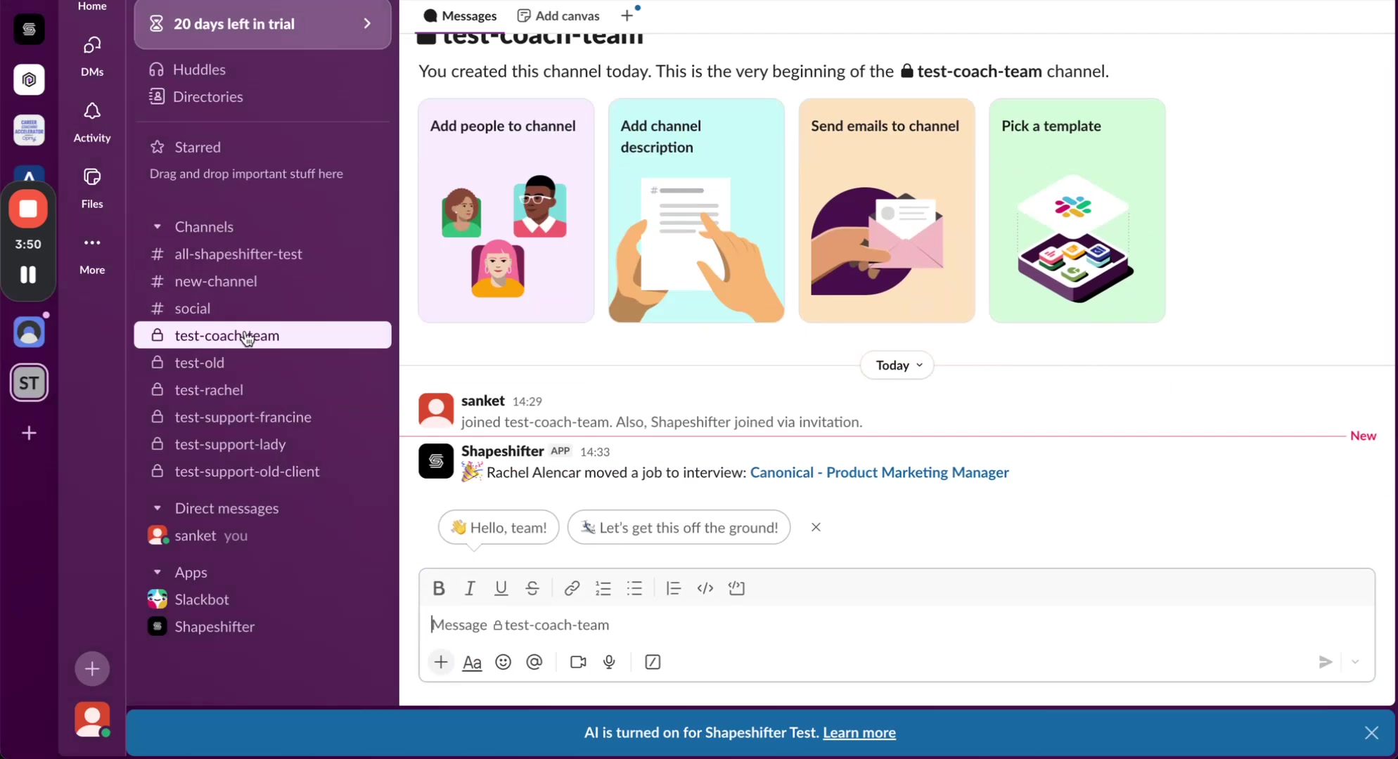 Slack channel showing notification from Shapeshifter App that Rachel Alencar moved a job to interview at Canonical