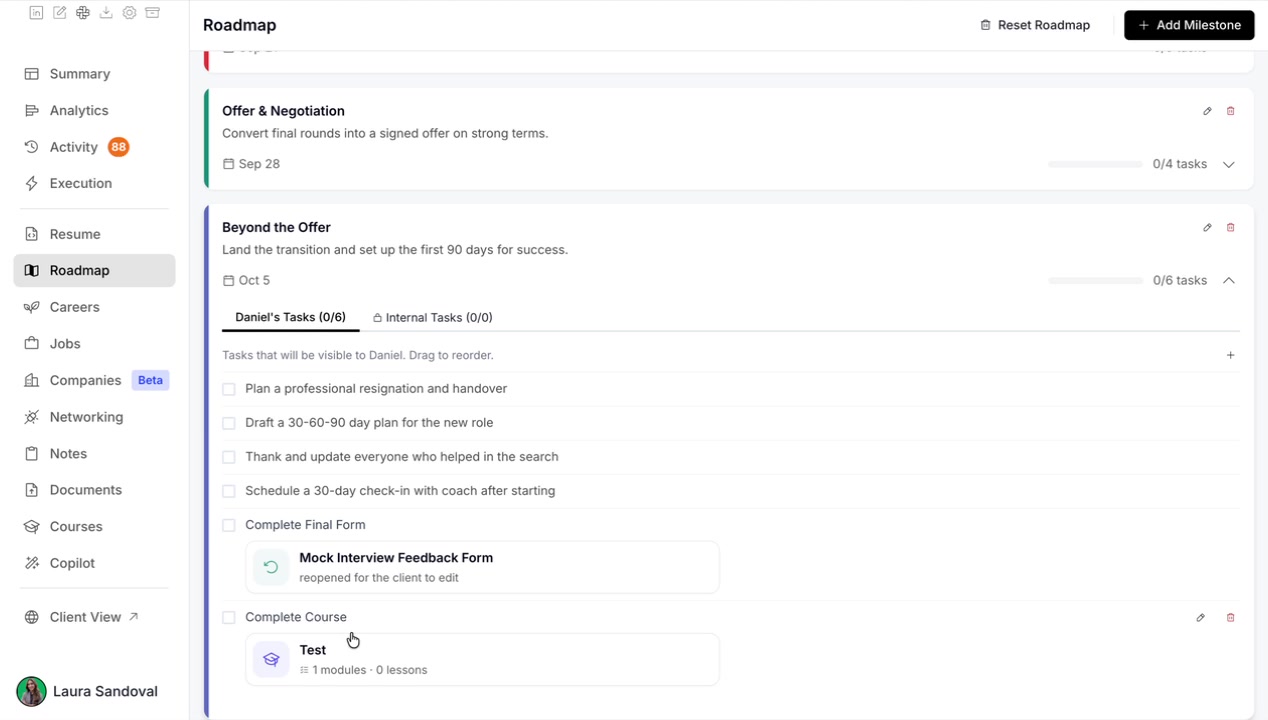 Client roadmap task with a Start course button