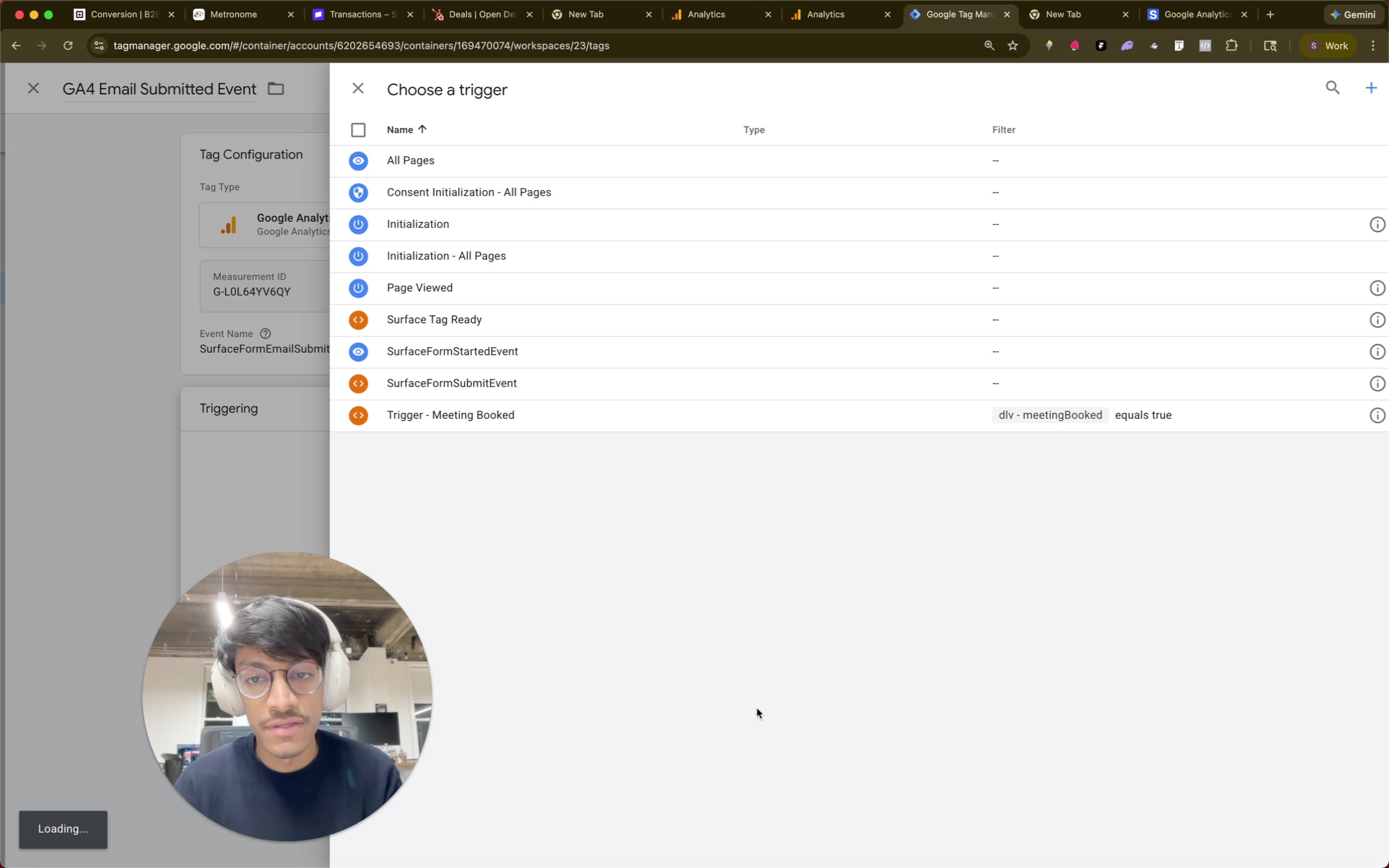 Google Tag Manager choose trigger modal showing Trigger - Meeting Booked with dataLayer variable filter