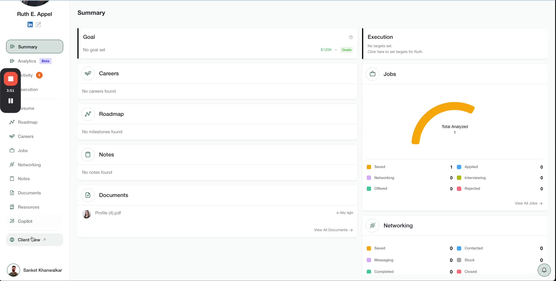 A screenshot of a user interface displaying a loading spinner centered on a white background. In the top-left corner, a small overlay indicates a recording is in progress, showing a red square icon (likely a record button) and the elapsed time '4:04'. Below the time, a pause icon is visible. The loading spinner itself is a teal-colored, incomplete circle, signifying that content is being fetched or processed. A mouse cursor is visible to the left of the spinner.