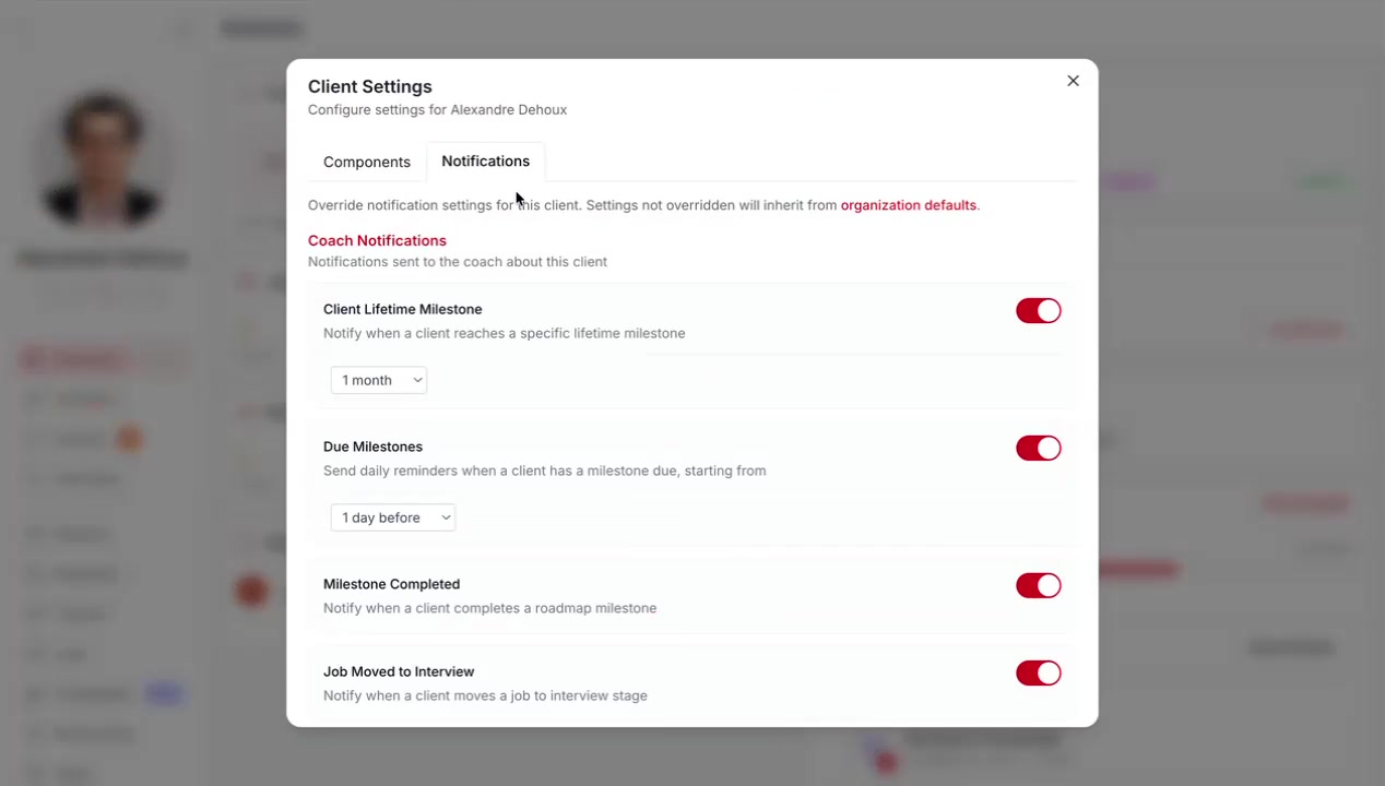 Client Settings Notifications tab with per-client coach and client notification overrides