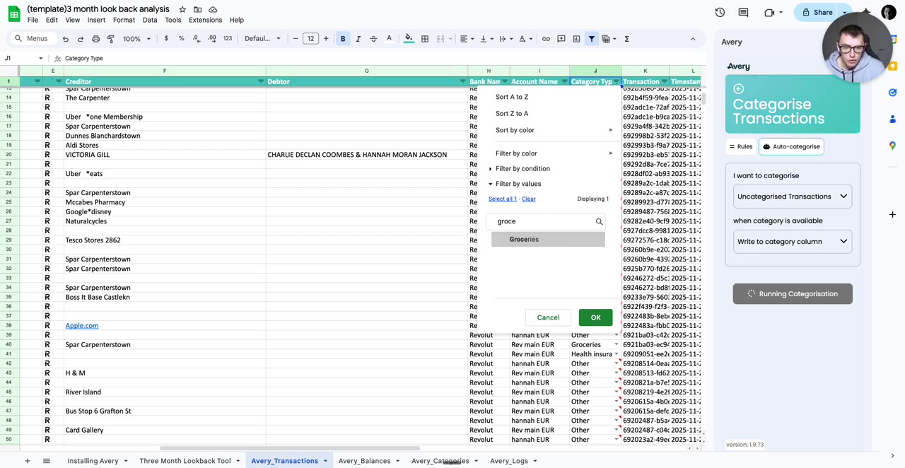 'Avery_Transactions' sheet with filter applied to 'Category Type' showing 'Groceries' transactions only; Avery sidebar with categorization options.