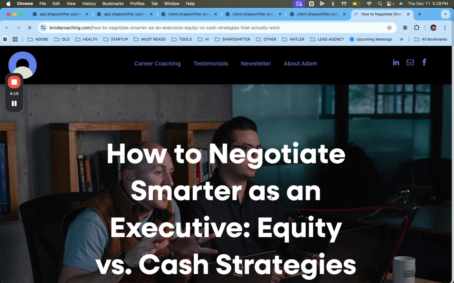 External webpage showing an article titled 'How to Negotiate Smarter as an Executive: Equity vs. Cash Strategies'