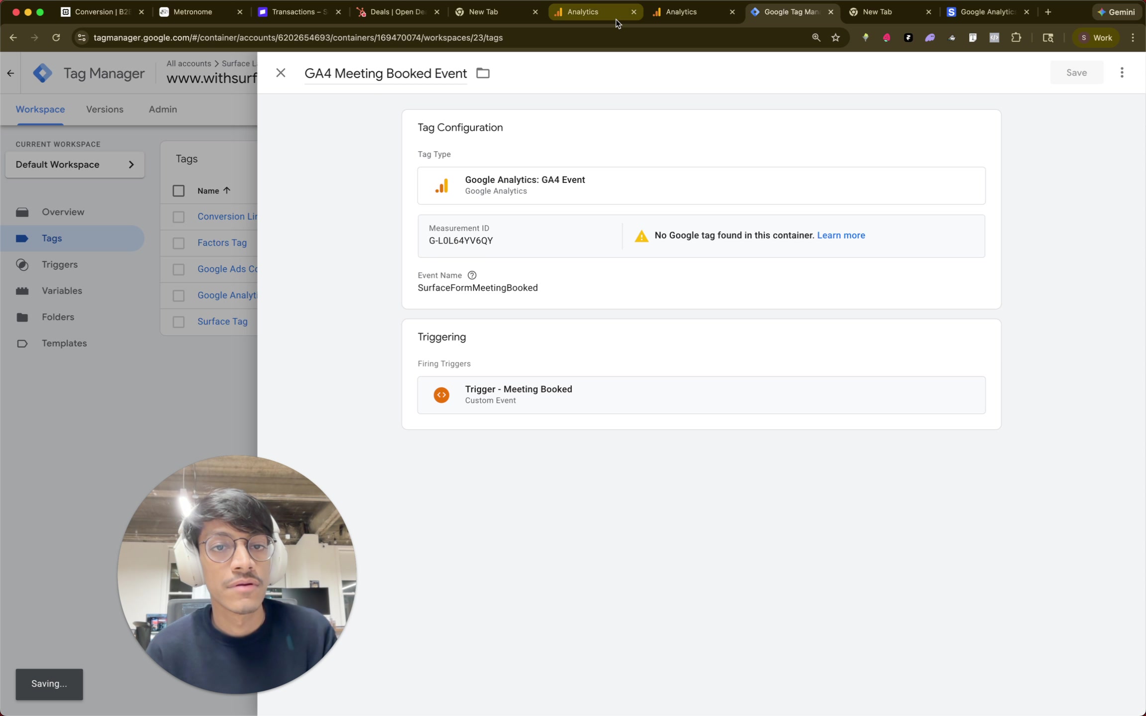 Google Tag Manager tags list showing GA4 Meeting Booked Event and other configured tags