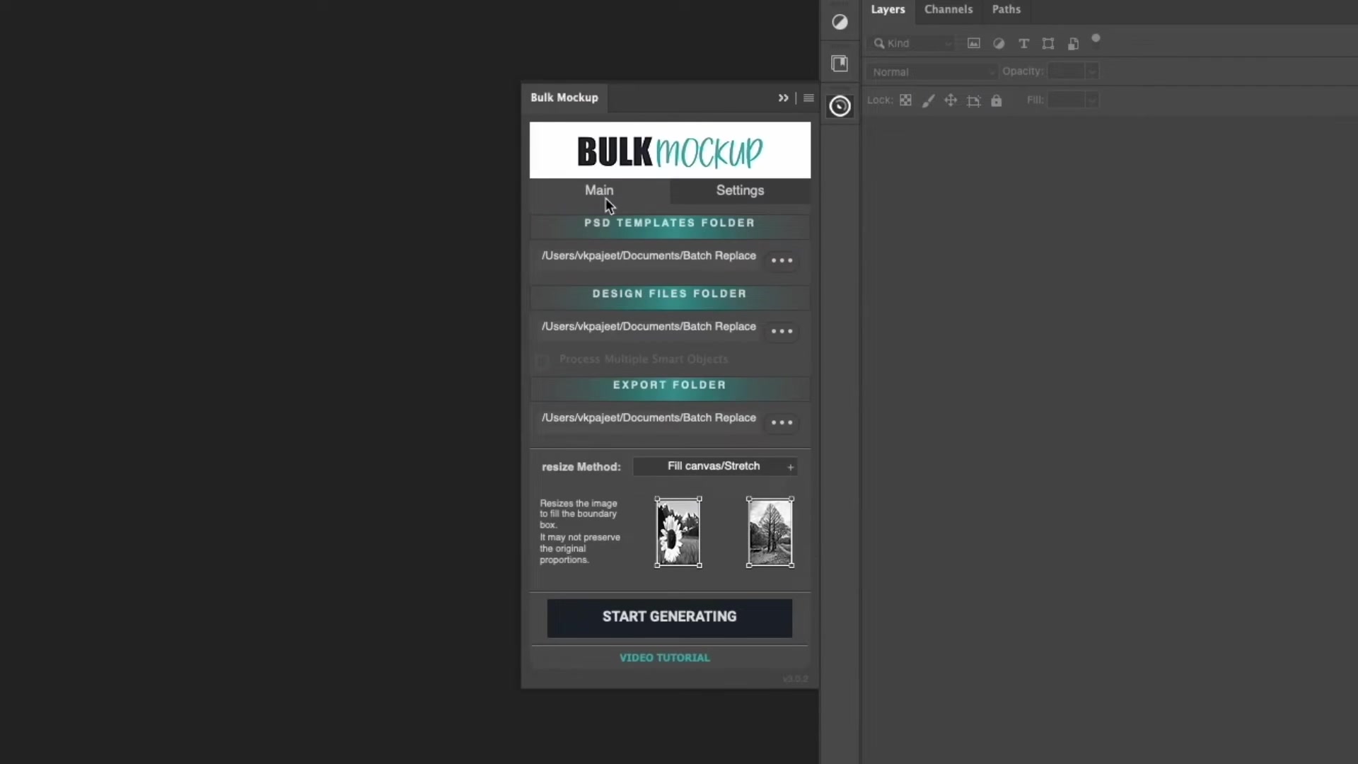 Bulk Mockup Photoshop Plugin Main tab interface showing configured paths for PSD Templates Folder, Design Files Folder, Export Folder and Resize Method