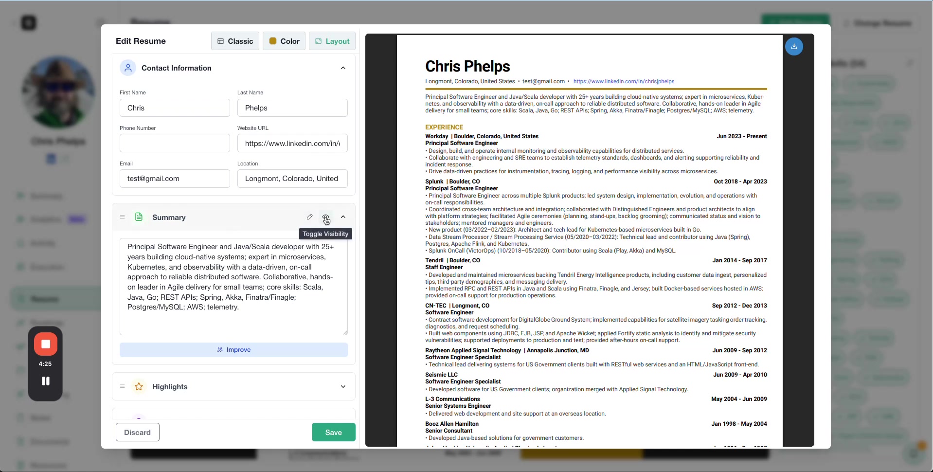 Eye icon toggled on Summary for visibility with draggable sections like Experience, Education in edit panel