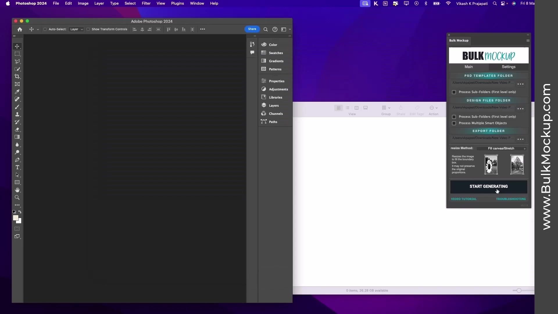 Adobe Photoshop Bulk Mockup plugin panel with fields for PSD Templates Folder, Design Files Folder (PNG patterns), and Export Folder selected. Resize Method set to 'Fill canvas/Stretch'; 'START GENERATING' button ready; empty export folder visible nearby.