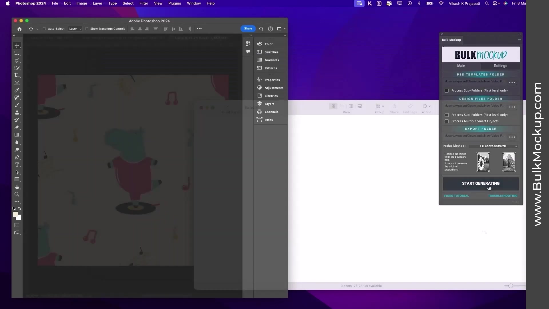 Adobe Photoshop Bulk Mockup plugin processing wallpaper patterns on room mockups. Canvas shows hippo pattern; plugin panel active with folders set and 'START GENERATING' in progress. Adjacent Finder window populates with new JPG mockups.