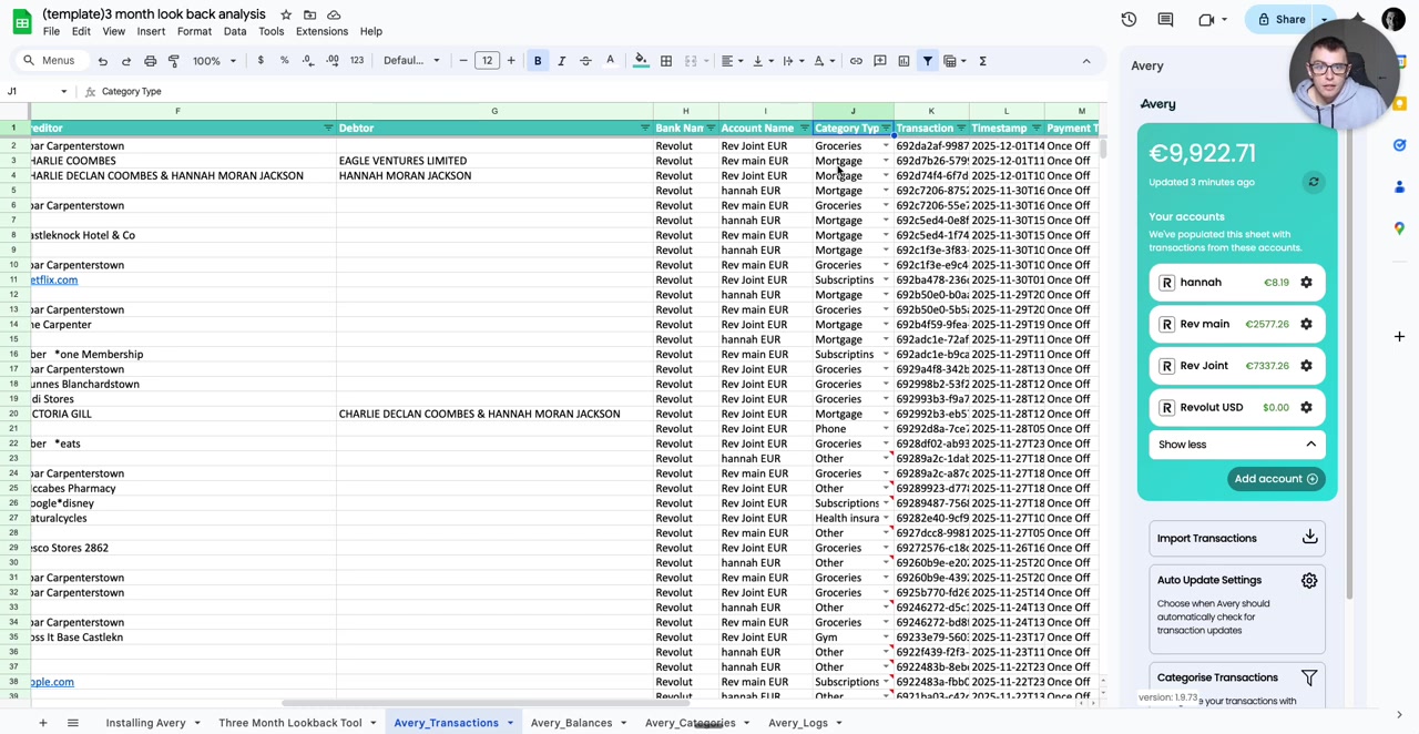 'Avery_Transactions' sheet highlighting mis-categorized 'SALARY' transaction as 'Mortgage'; sidebar shows multiple accounts.