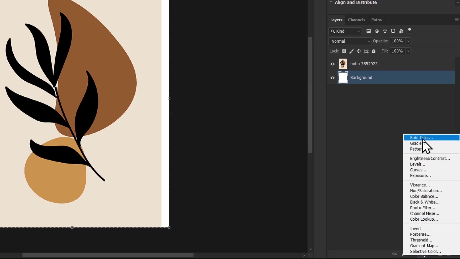 Photoshop Layers panel with 'boho-7852923' artwork and Background layers. Right-click context menu on Background layer open, cursor over 'Solid Color...' in Adjustments list (includes Gradient, Pattern, etc.); minimalist leaf artwork on beige canvas.