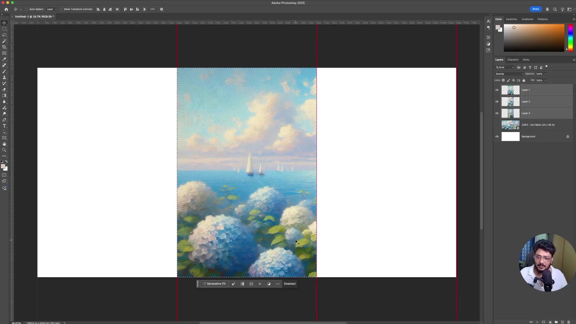 Adobe Photoshop Layers panel with three layers (Layer 1-3) for split panels; selected bounding box around center layer with alignment icons active (Move Tool, center alignment); Ctrl key indicator for layer selection/trim prep.