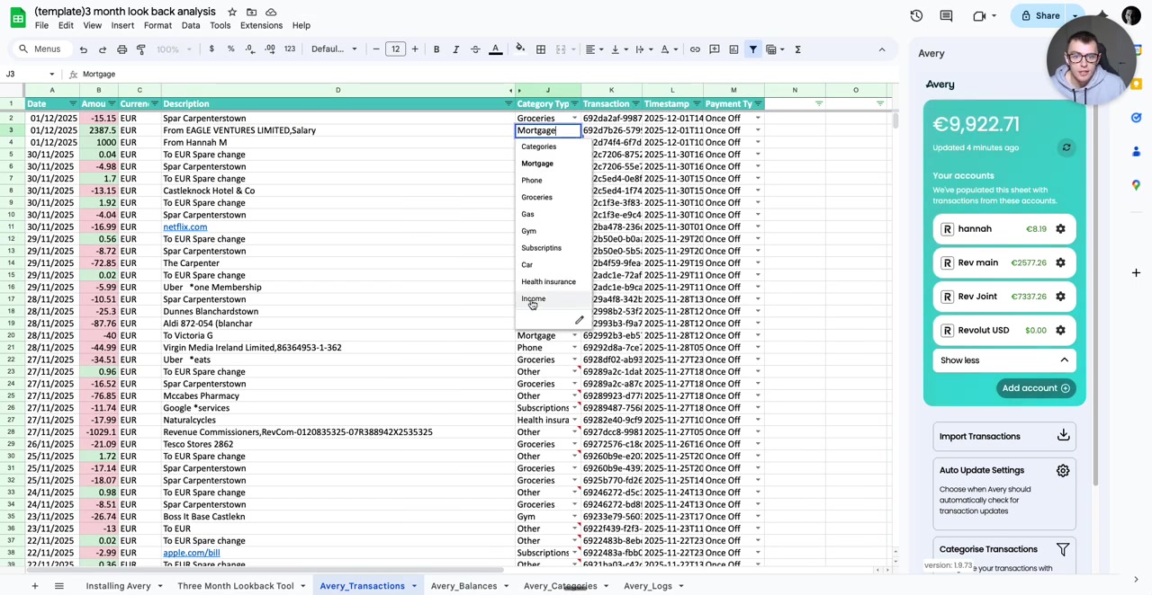 'Avery_Transactions' sheet with manual correction: dropdown selecting 'Income' for salary transaction; sidebar shows accounts and options.