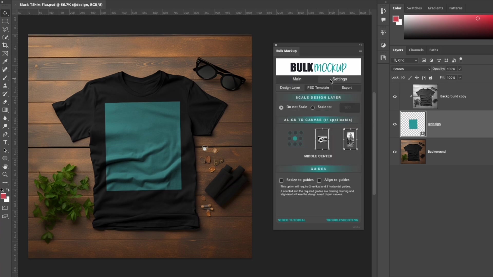 A screenshot of Adobe Photoshop displaying a mockup of a black t-shirt. The t-shirt is laid flat on a wooden surface, with a teal rectangle placed on the chest area to represent a design. Sunglasses and sprigs of greenery are placed near the t-shirt. On the right side of the screen, the Photoshop interface is visible, showing the Layers panel with 'Background copy', '@design', and 'Background' layers. A 'Bulk Mockup' panel is open, with 'Settings' tab active, displaying options for scaling the design layer and aligning it to the canvas. The top menu bar shows the file name 'Black TShirt Flat.psd' and zoom level.