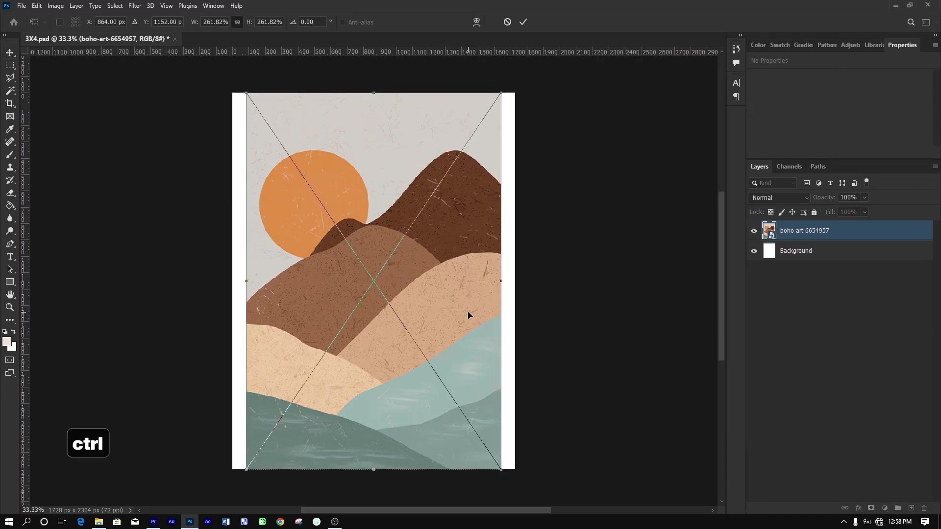 Photoshop canvas with abstract landscape (mountains, sun, diagonal lines) in Free Transform mode (bounding box); Layers panel shows 'boho-art-6654957' and Background; zoom at 33.33%; 'ctrl' overlay indicates resizing without distortion by dragging corners and positioning beyond canvas.