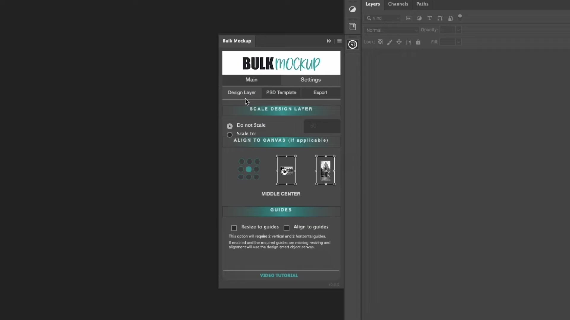 Bulk Mockup Photoshop Plugin Settings tab on Design Layer sub-tab showing scale options, alignment controls, and guide settings