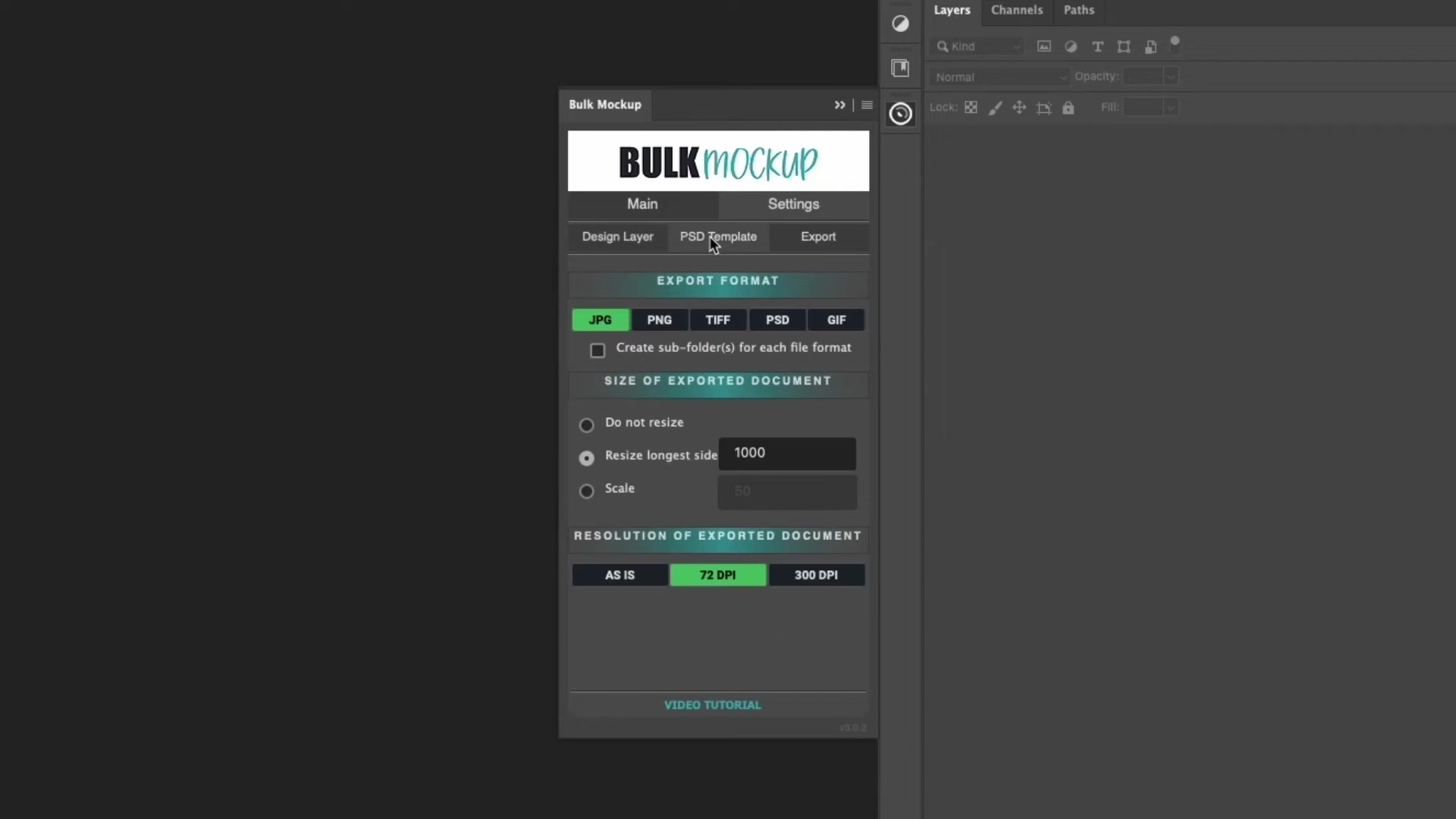 Bulk Mockup Photoshop Plugin Settings tab on PSD Template sub-tab listing export formats JPG, PNG, TIFF, PSD, GIF with size and resolution controls