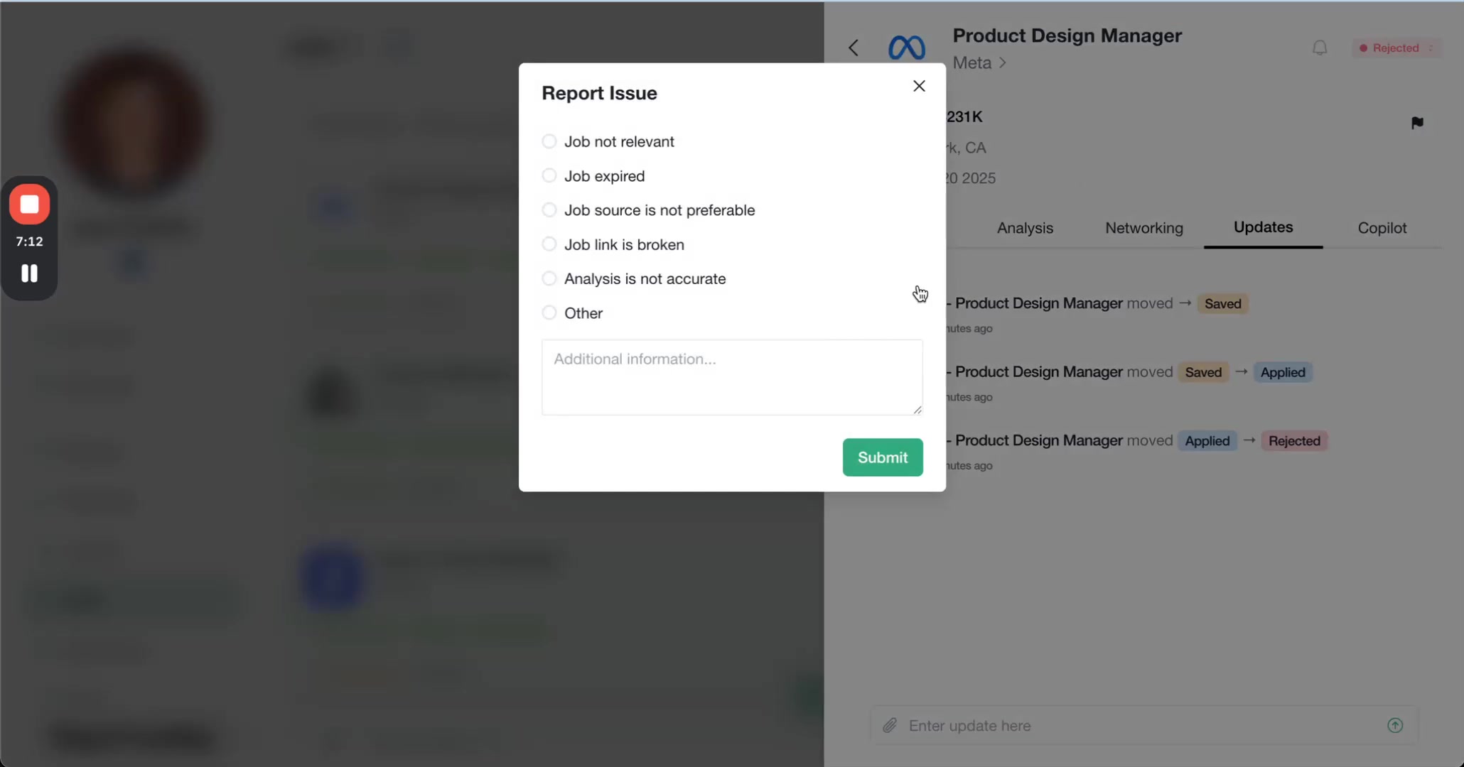 A 'Report Issue' modal pops up, offering radio button options for various job-related problems (e.g., 'Job not relevant', 'Job expired') and an 'Additional information' text area with a 'Submit' button.