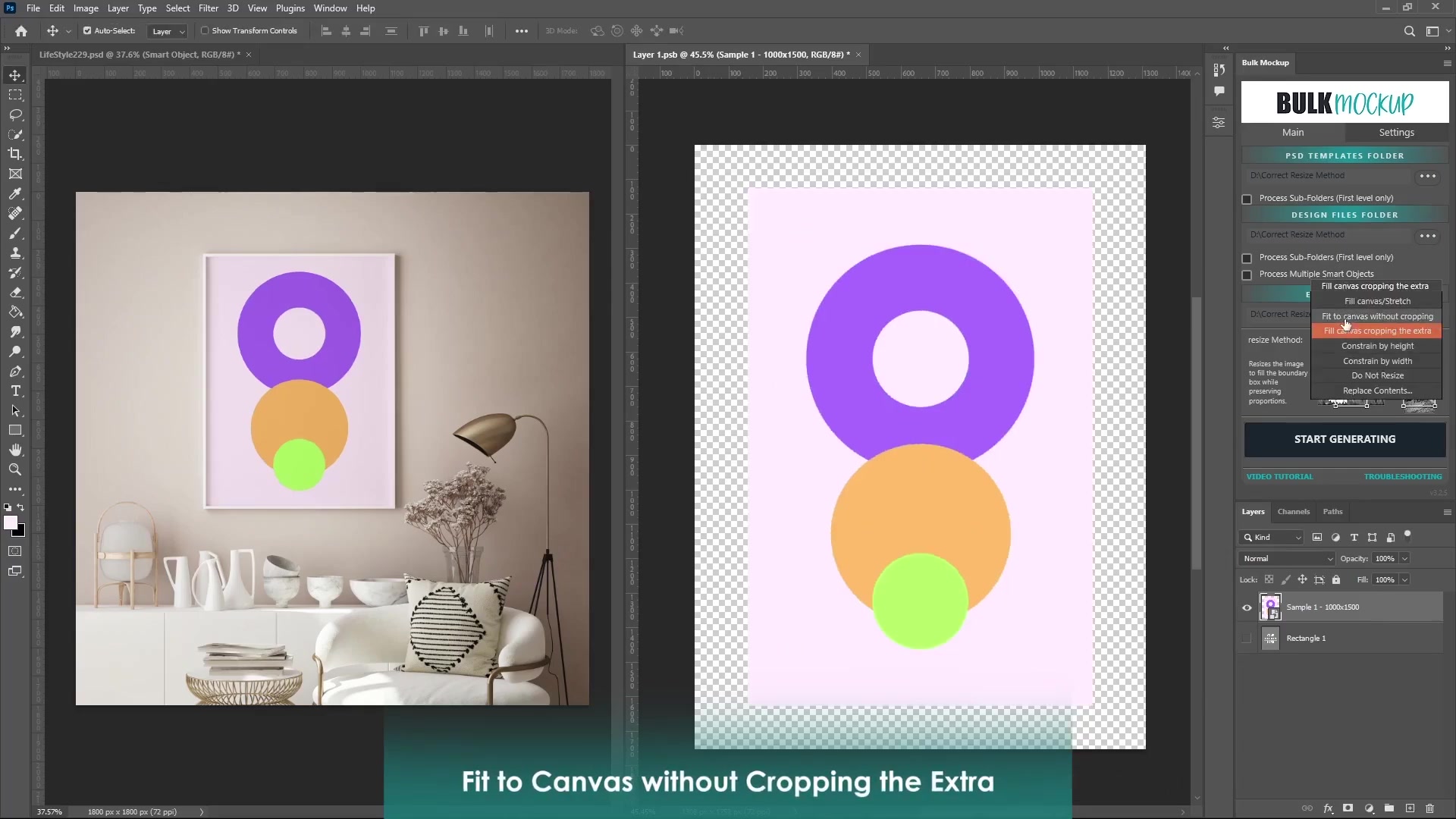 Split-screen Photoshop: Left is living room mockup with purple/orange/green circles frame; right shows Bulk Mockup panel with Fit to canvas without cropping selected, file paths, smart object checkbox, and green overlay text Fit to Canvas without Cropping the Extra. Timeline and rulers visible.